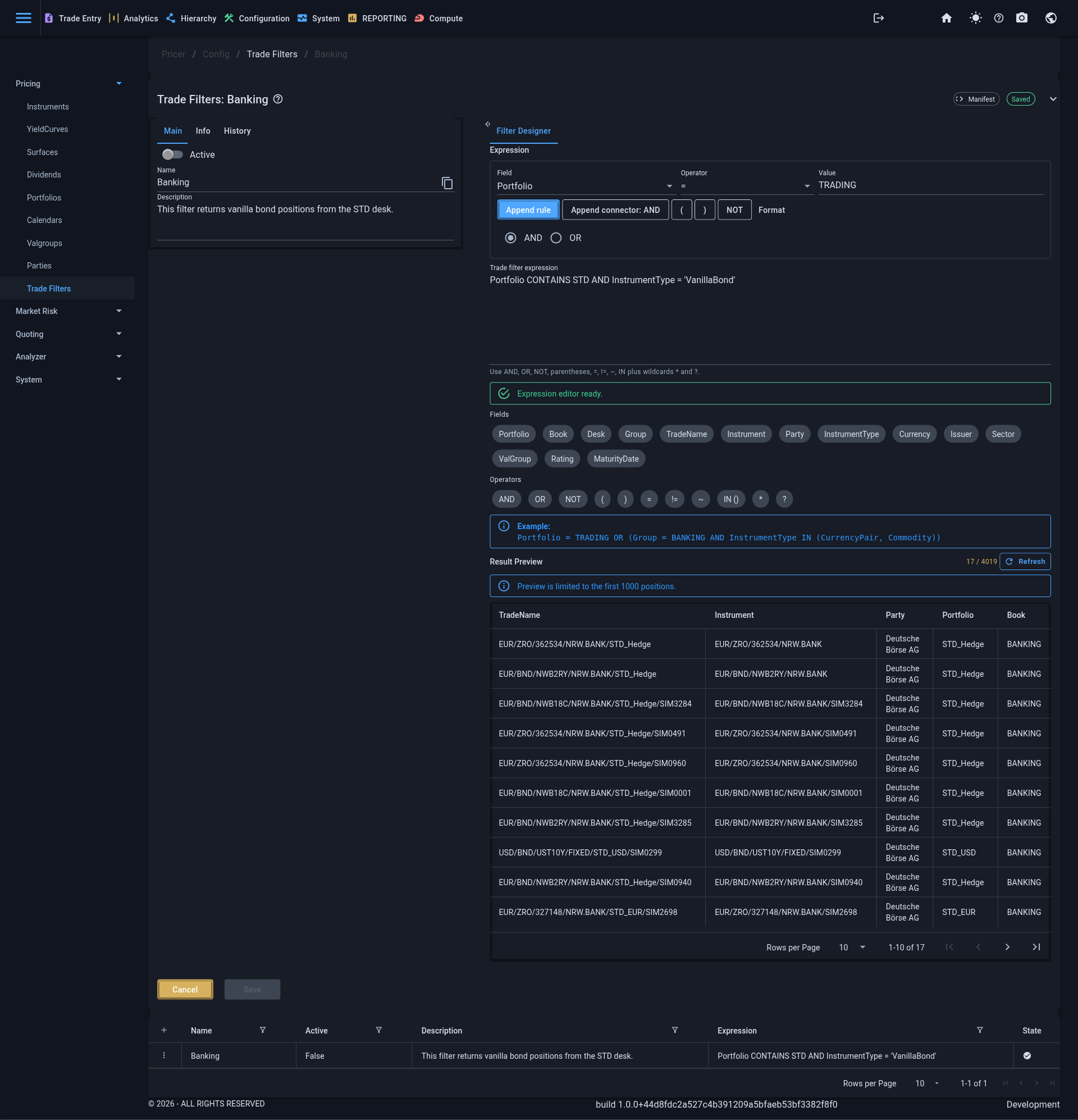 Trade filter configuration preview
