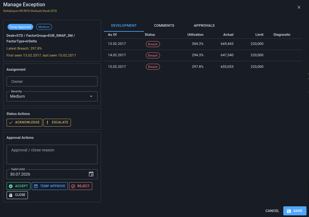 Limit exception management dialog preview