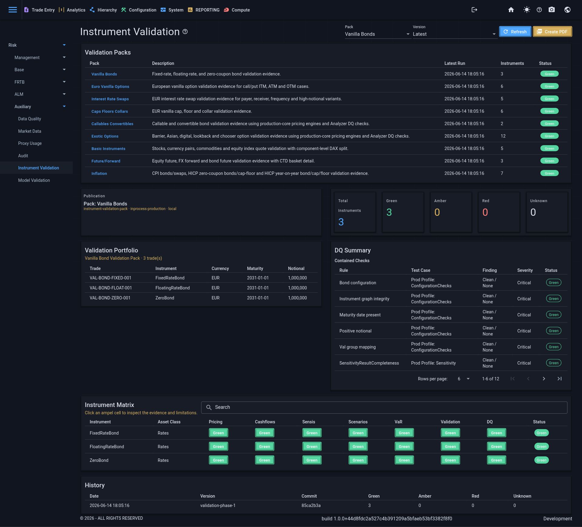 Instrument validation pack overview with pack status, run id and versions